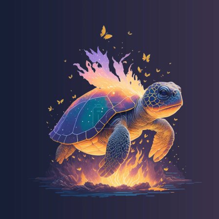 Illustration for Fantasy art turtle on fire with butterflies - Royalty Free Image