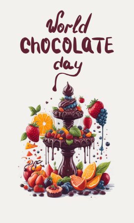 Ilustración de Una fuente de chocolate rodeada de coloridas frutas y golosinas - Imagen libre de derechos