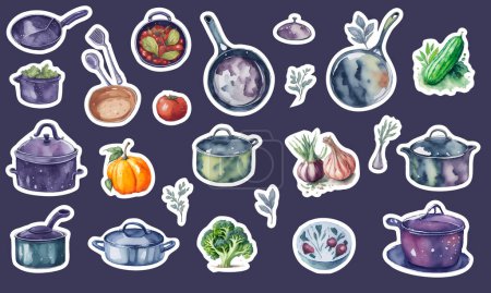 Ilustración de Un dibujo de una variedad de electrodomésticos de cocina y verduras en el arte de acuarela - Imagen libre de derechos