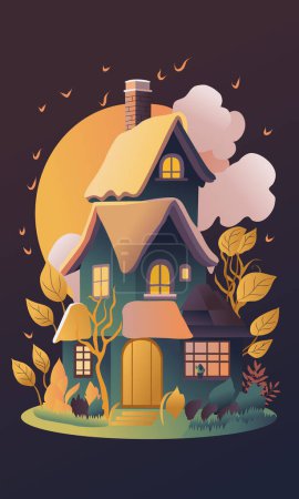 Téléchargez les illustrations : Une maison sur une colline avec une pleine lune en arrière-plan - en licence libre de droit