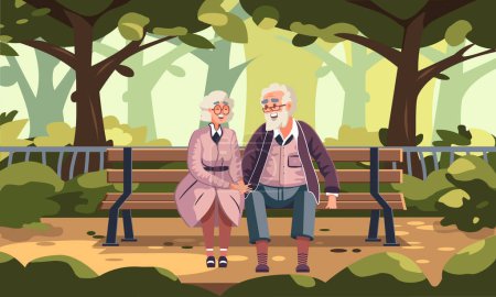 Ilustración de Pareja mayor sentada en un banco del parque, ilustración de póster, abuelos - Imagen libre de derechos