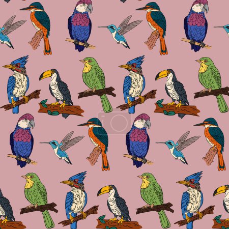 Tropical Paradise  Seamless Pattern with Colorful Birds