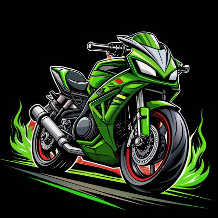 Impresionante ilustración de moto verde sobre fondo negro para camisetas