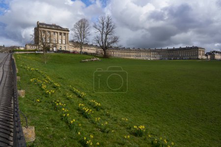 Téléchargez les photos : Bath, Somerset, Royaume-Uni - 17 mars 2023 : Fleurs printanières devant le croissant royal historique dans la ville de Bath, classée au patrimoine mondial de l'UNESCO, à Somerset, Royaume-Uni - en image libre de droit