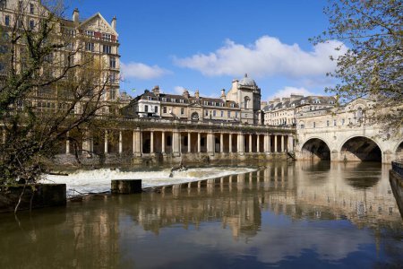 Photo for Bath, Somerset, United Kingdom - 15 April 2023: Historic Pulteney Bridge over the River Avon in Bath, Somerset, England - Royalty Free Image
