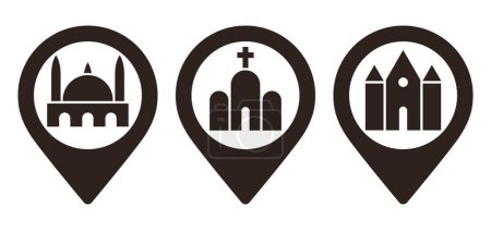 Ilustración de Pines de mapa de mezquita, iglesia y sinagoga. Pin de ubicación hito. Símbolos de ubicación GPS para aplicaciones y sitios web aislados en fondo blanco - Imagen libre de derechos
