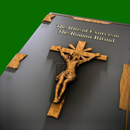 Foto de Libro de exorcismo aislado sobre fondo verde 3d ilustración - Imagen libre de derechos