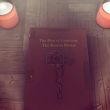 Foto de Libro de exorcismo sobre suelo de madera 3d ilustración - Imagen libre de derechos