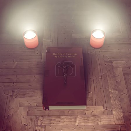 Foto de Libro de exorcismo sobre suelo de madera 3d ilustración - Imagen libre de derechos