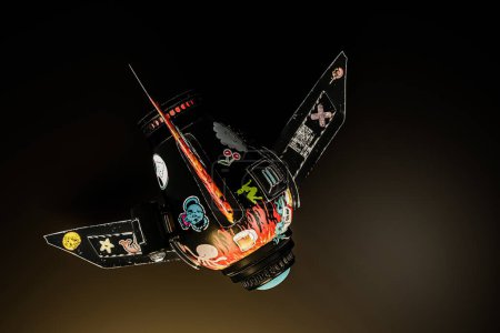 Téléchargez les photos : Vaisseau spatial combattant isolé sur fond noir illustration 3d - en image libre de droit