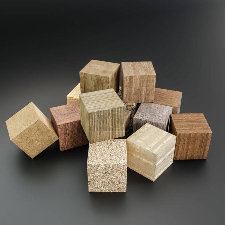 Foto de Cubos de muestra de madera aislados sobre fondo negro 3d ilustración - Imagen libre de derechos