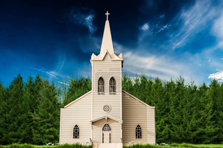 Photo for Presbyterian church located on green mountains 3d illustration - Royalty Free Image
