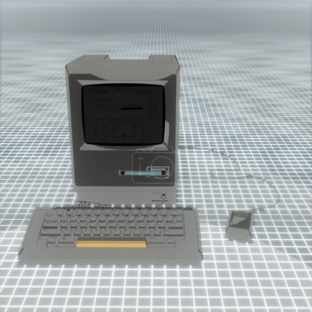 Foto de Tecnología retro de computadora antigua en una rejilla luminiscente - Imagen libre de derechos