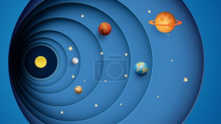 Illustration for Solar system model in paper cut style. Round layers galaxy space with cartoon planets.paper art style background illustration. - Royalty Free Image