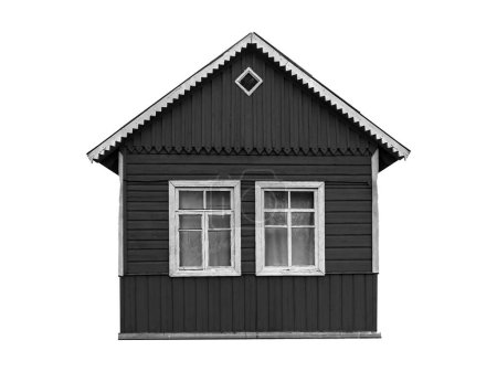 Old small black wooden village house built of planks isolated on white.