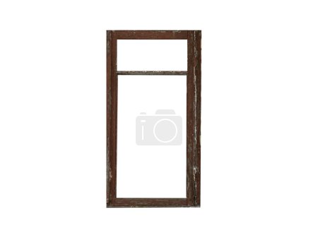Old brown wooden window frame isolated on white background.