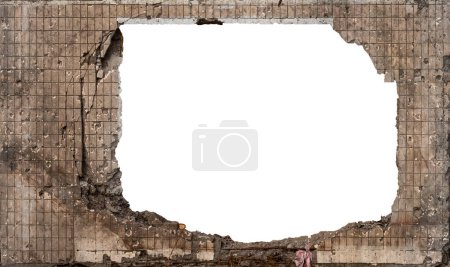 Explosion hole in ceramic tiled concrete wall isolated on white background with copy space in center.