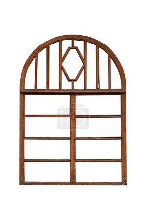 Arched wooden old antique weathered 19th century window isolated on white background.