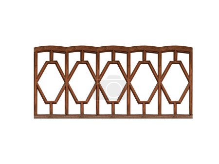 Old dark-colored brown shaped decorative long horizontal wooden window frame with many sashes  isolated on white background.