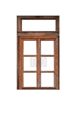 Old dark brown wooden vintage window frame isolated on white background.