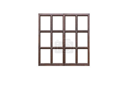 Old dark-colored brown wooden window frame with many sashes  isolated on white background.
