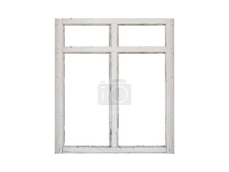 Old white wooden window frame with four sashes isolated on white background.