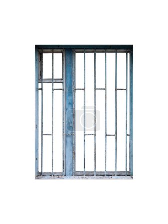 Old abandoned creepy blue wooden window frame with metal grate on white background.