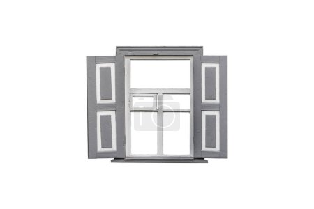 Old ukrainian gray wooden window frame with shutters and decorative elenents isolated on white background.