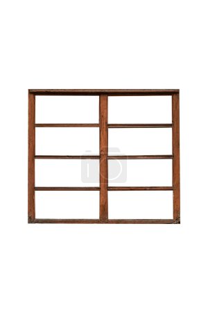 Old dark-colored brown wooden window frame with eight sashes which are placed vertical, isolated on white background.