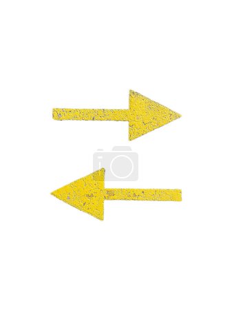 Two yellow arrows point left and right. Arrows painted with yellow paint on the asphalt, isolated on a white background.