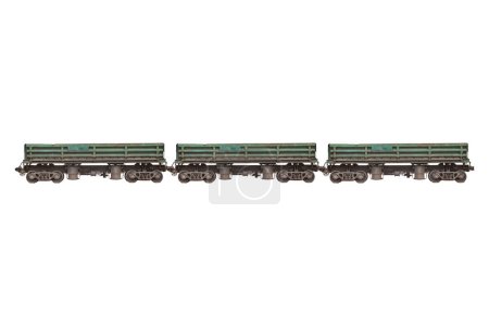 Three green metallic goods wagon or freight wagon isolated on white. Unpowered railway vehicles that are used for the transportation of cargo.