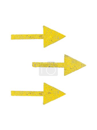 Three yellow arrows point to the right. Arrows painted with yellow paint on the asphalt, isolated on a white background.