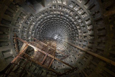 Deep underground mine of concrete tubings, bottom view. Deep ventilation shaft.