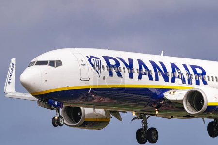 Photo for Los Rodeos, Tenerife,Canary islands; March 30 2024: Ryanair boeing 737-8AS, landing, in La Laguna city airport, close view - Royalty Free Image