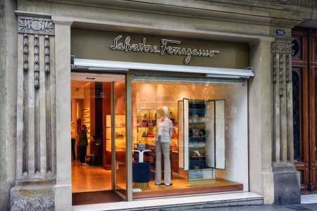 Photo for Barcelona, Spain - May 5, 2018  Salvatore Ferragamo, the Italian high-end luxury goods house founded in Florence in 1927, store on Passeig de Gracia, a high end shopping area. - Royalty Free Image
