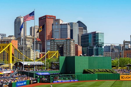 Photo for Pittsburgh, PA, USA May 21, 2023 View of Pittsburgh skyline, including Roberto Clemente Bridge, from PNC Park, home of the Pittsburgh Pirates. - Royalty Free Image