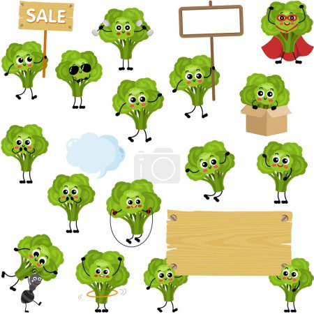 Ilustración de Conjunto de elementos digitales con linda mascota broccolis verde - Imagen libre de derechos