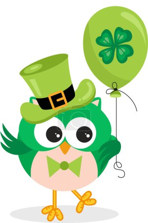 Téléchargez les illustrations : Chouette Saint-Patrick tenant un ballon vert avec trèfle - en licence libre de droit
