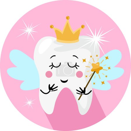 Funny tooth fairy in a crown with wings