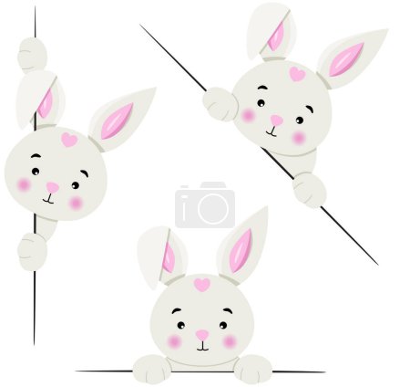 Illustration for Adorable  bunny peeking out from behind in various positions - Royalty Free Image