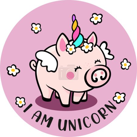 Illustration for Funny unicorn piggy on round sticker - Royalty Free Image
