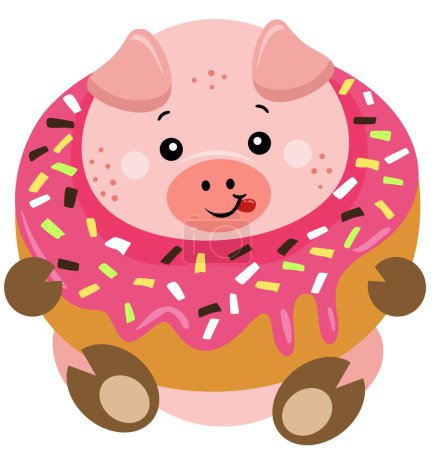 Ilustración de Cute pig inside a delicious donut - Imagen libre de derechos