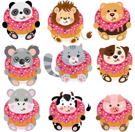 Set of cute animals inside a delicious donut