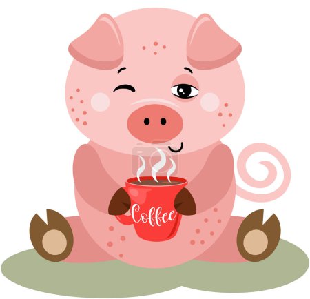 Téléchargez les illustrations : Cochon mignon boire un café chaud - en licence libre de droit