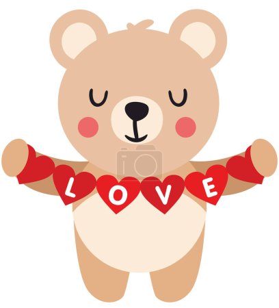 Loving teddy bear holding a love red heart flag garland