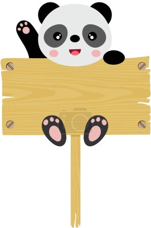 Cute panda hanging on an empty wooden board
