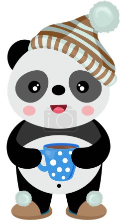 Cute panda waking up drinking cup of coffee