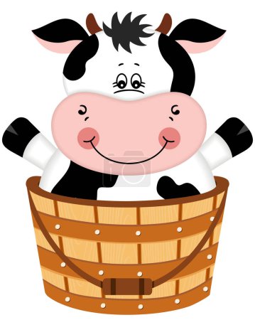Funny cow in a wooden bucket