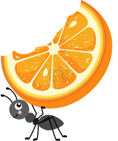 Illustration for Cute ant carrying a slice of eaten orange - Royalty Free Image