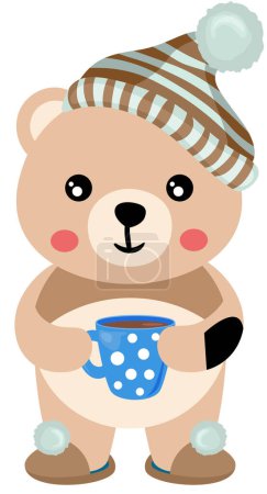 Lindo oso de peluche despertando bebiendo una taza de café
